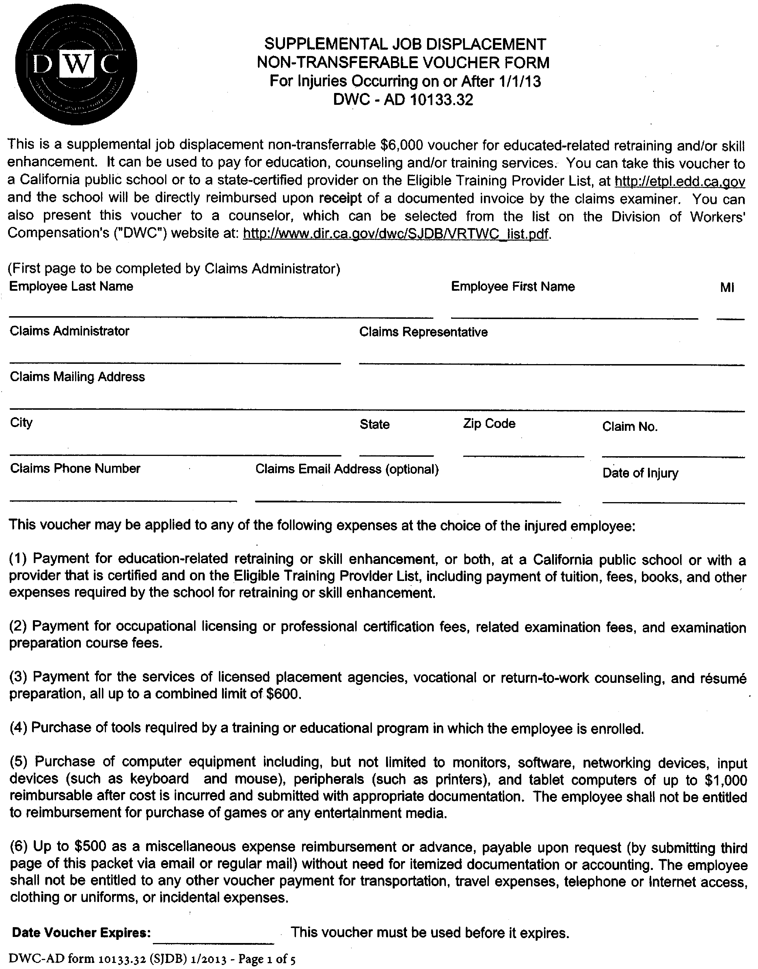 Image 1 within § 10133.32. Form [DWC-AD 10133.32 “Supplemental Job Displacement Nontransferable Voucher For Injuries Occurring on or After 1/1/13.”]